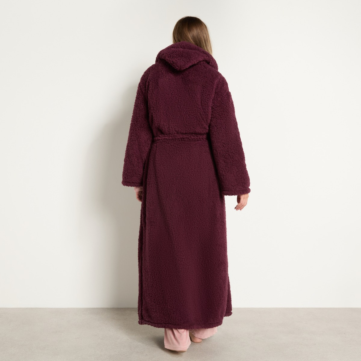 OHS Teddy Fleece Floor Length Dressing Gown - Burgundy>