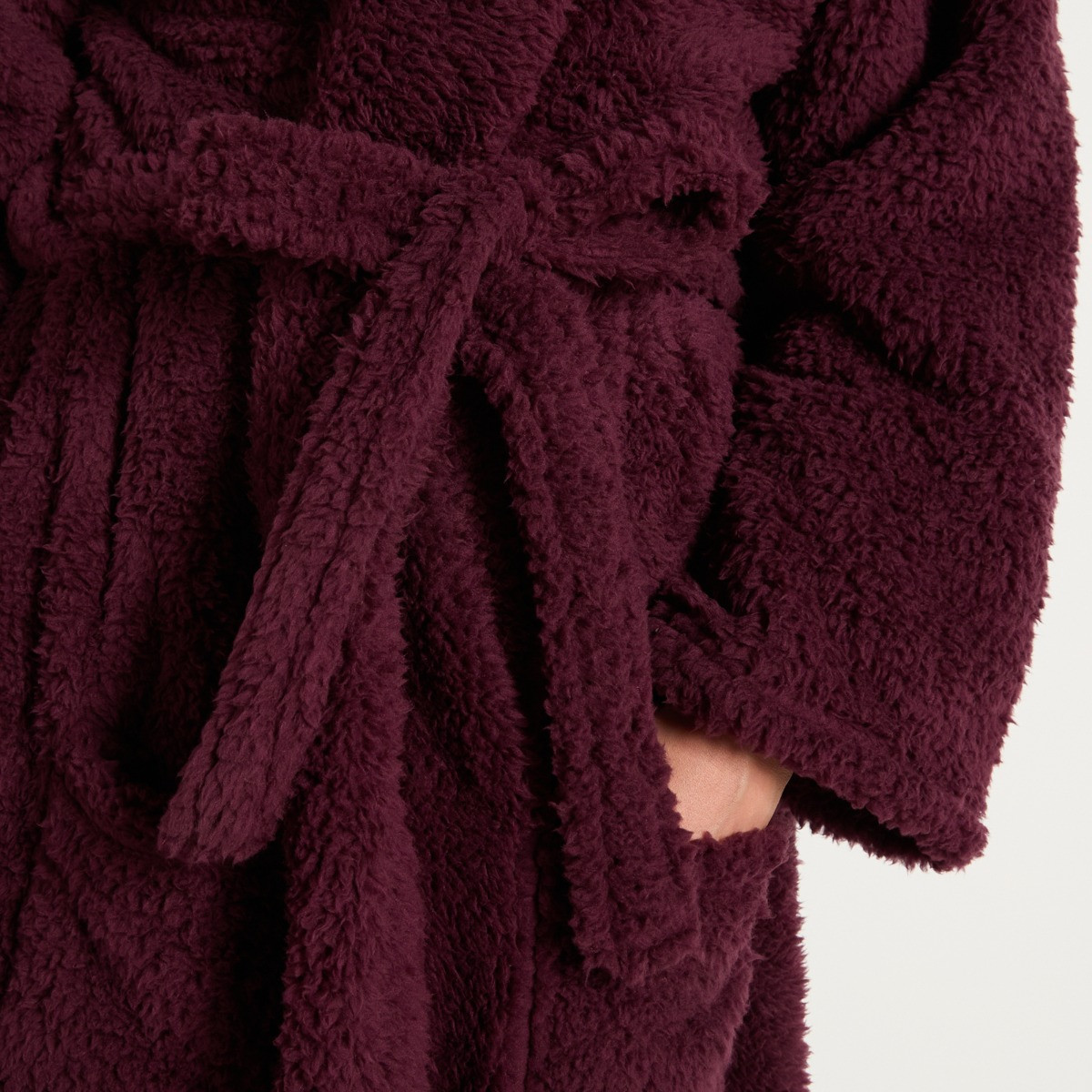 OHS Teddy Fleece Floor Length Dressing Gown - Burgundy>