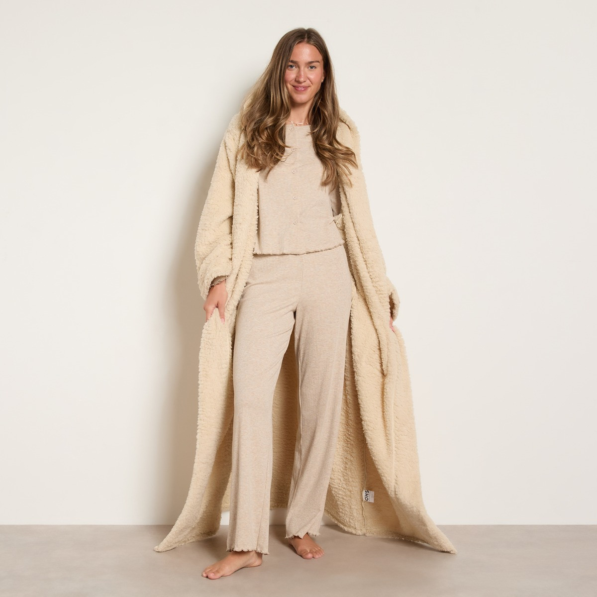 OHS Teddy Fleece Floor Length Dressing Gown - Stone>