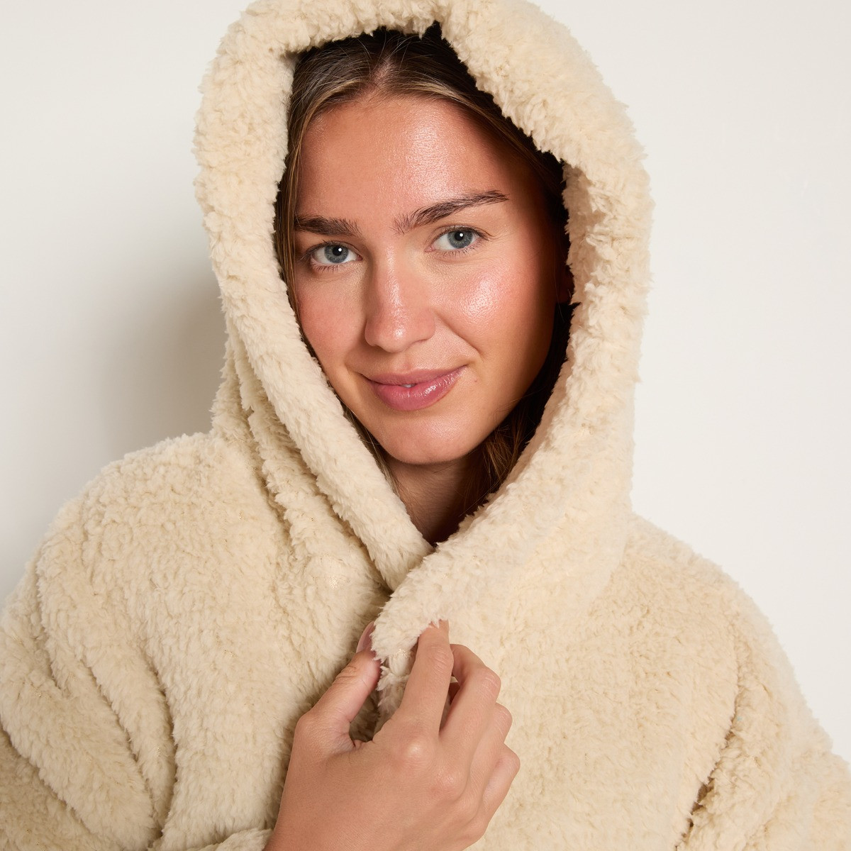 OHS Teddy Fleece Floor Length Dressing Gown - Stone>