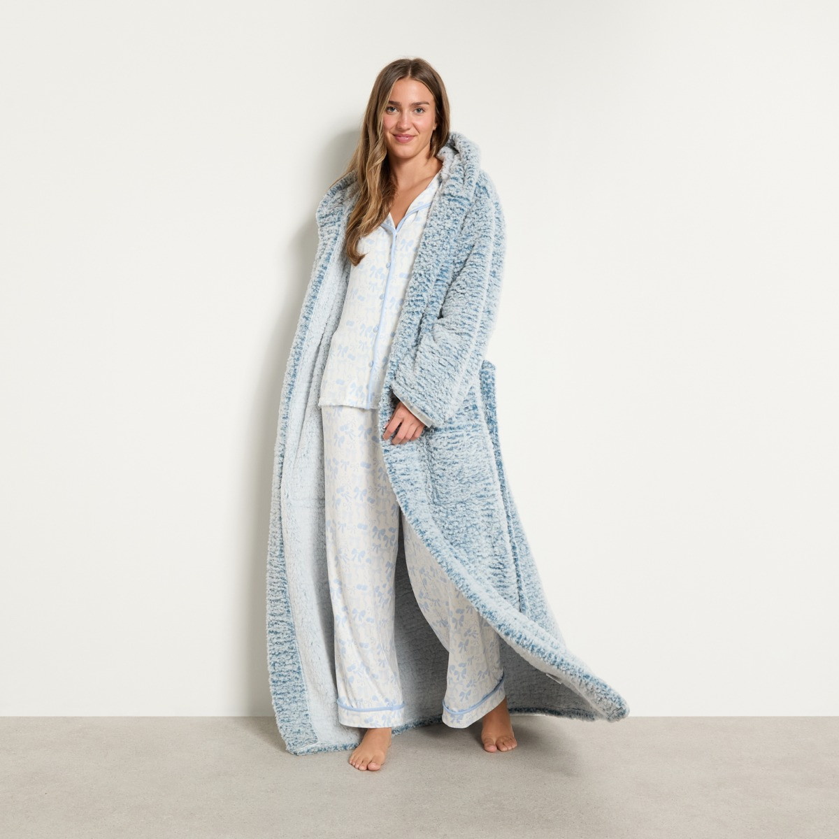 OHS Teddy Marl Floor Length Dressing Gown - Navy>