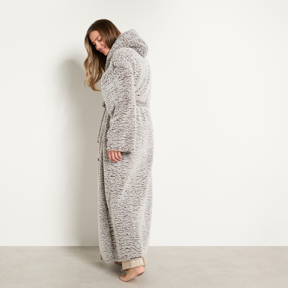 OHS Teddy Marl Floor Length Dressing Gown - Brown>