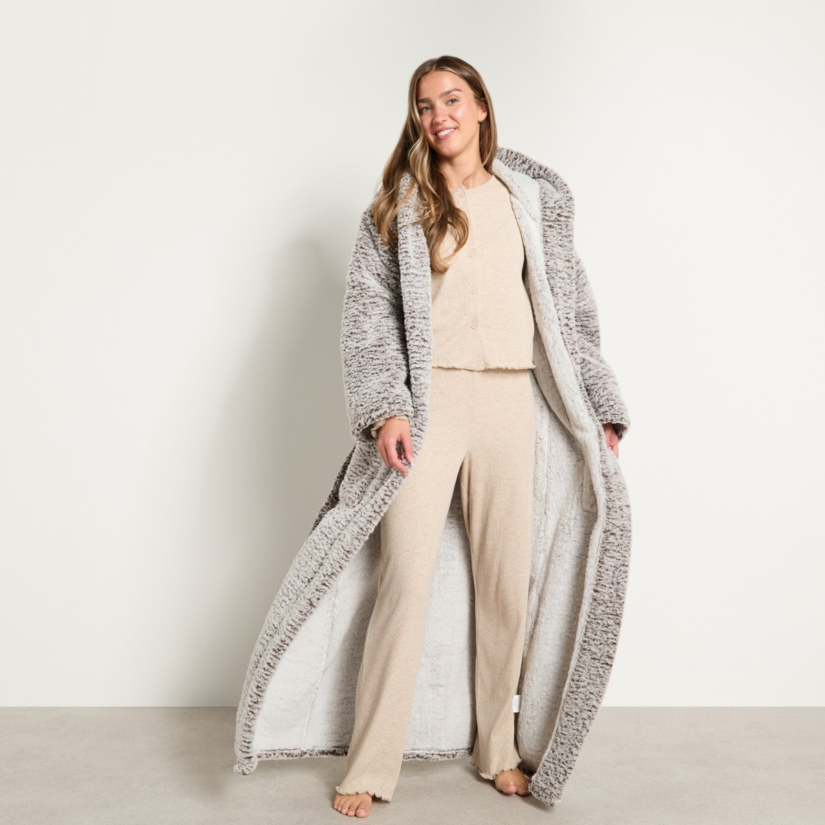 OHS Teddy Marl Floor Length Dressing Gown - Brown>