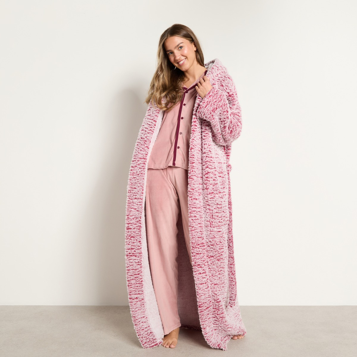 OHS Teddy Marl Floor Length Dressing Gown - Berry>