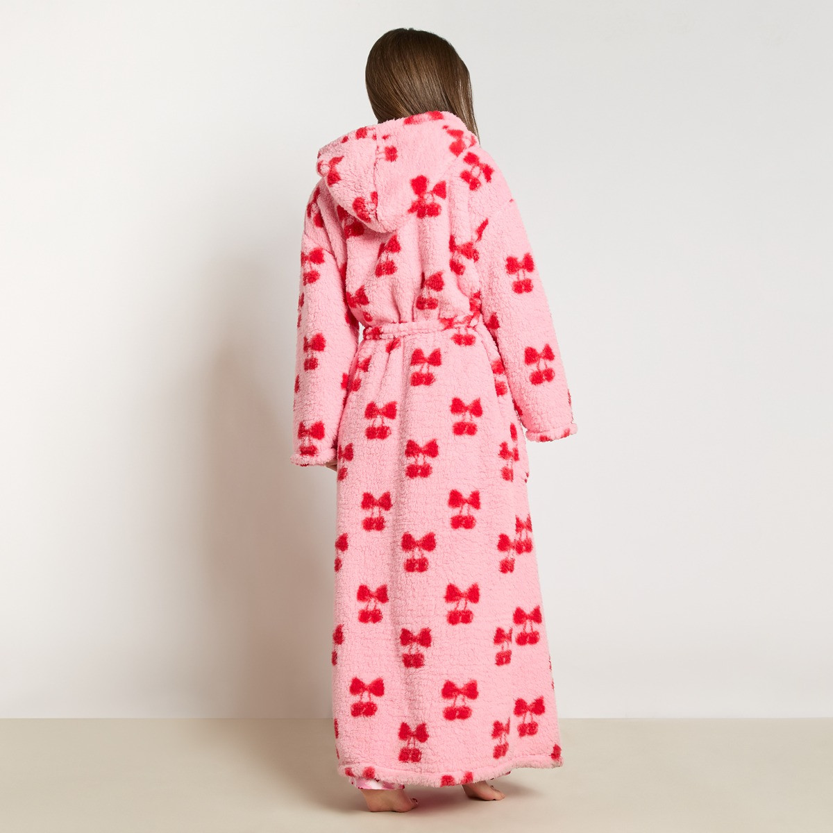 OHS Cherry Bow Teddy Fleece Floor Length Dressing Gown - Pink/Red>
