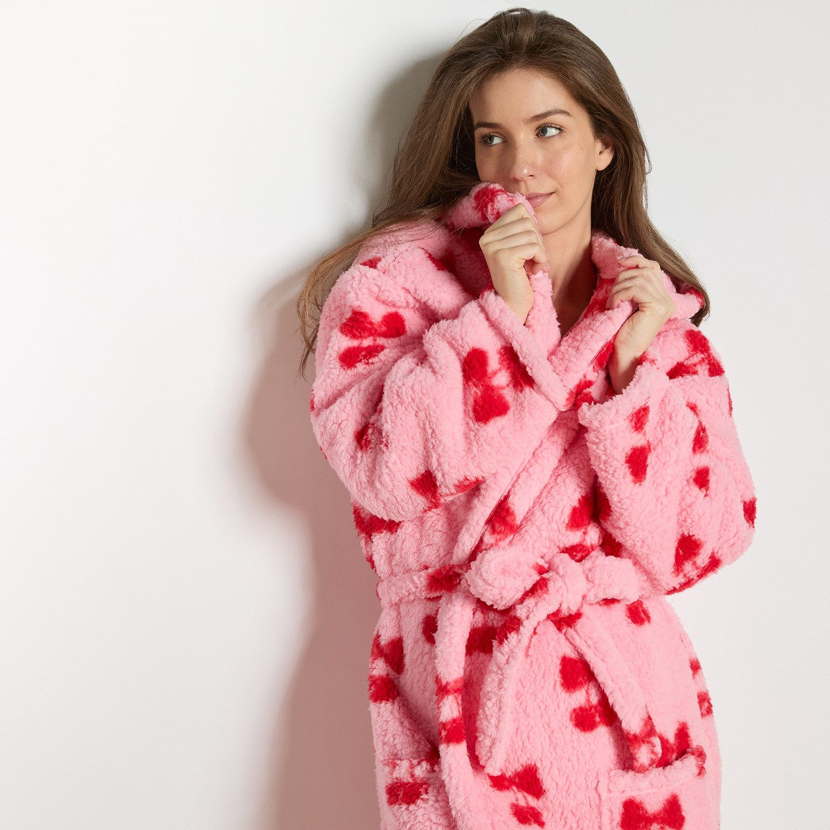 OHS Cherry Bow Teddy Fleece Floor Length Dressing Gown - Pink/Red>