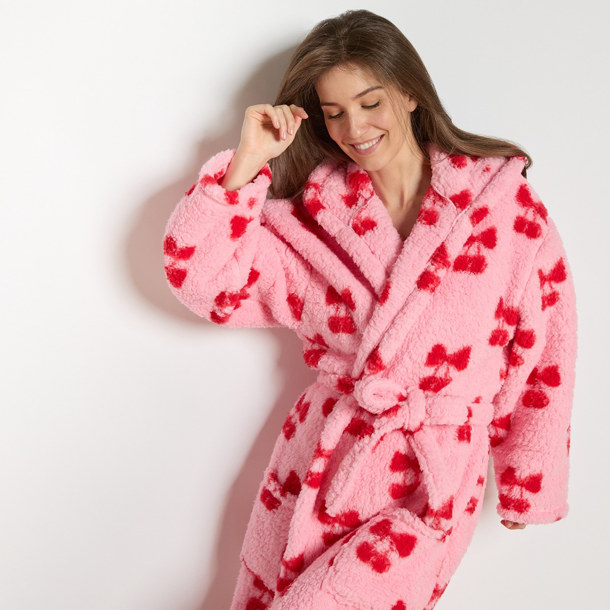 OHS Cherry Bow Teddy Fleece Floor Length Dressing Gown - Pink/Red>