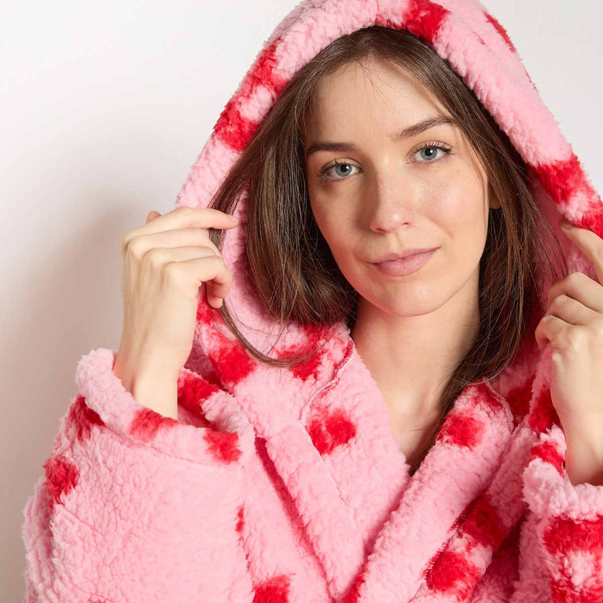 OHS Cherry Bow Teddy Fleece Floor Length Dressing Gown - Pink/Red>