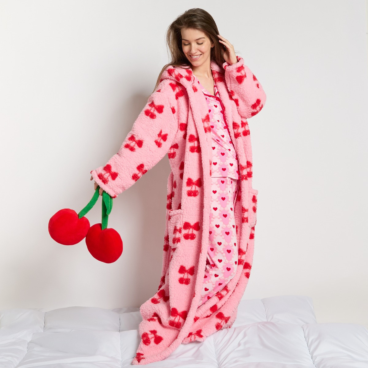 OHS Cherry Bow Teddy Fleece Floor Length Dressing Gown - Pink/Red>