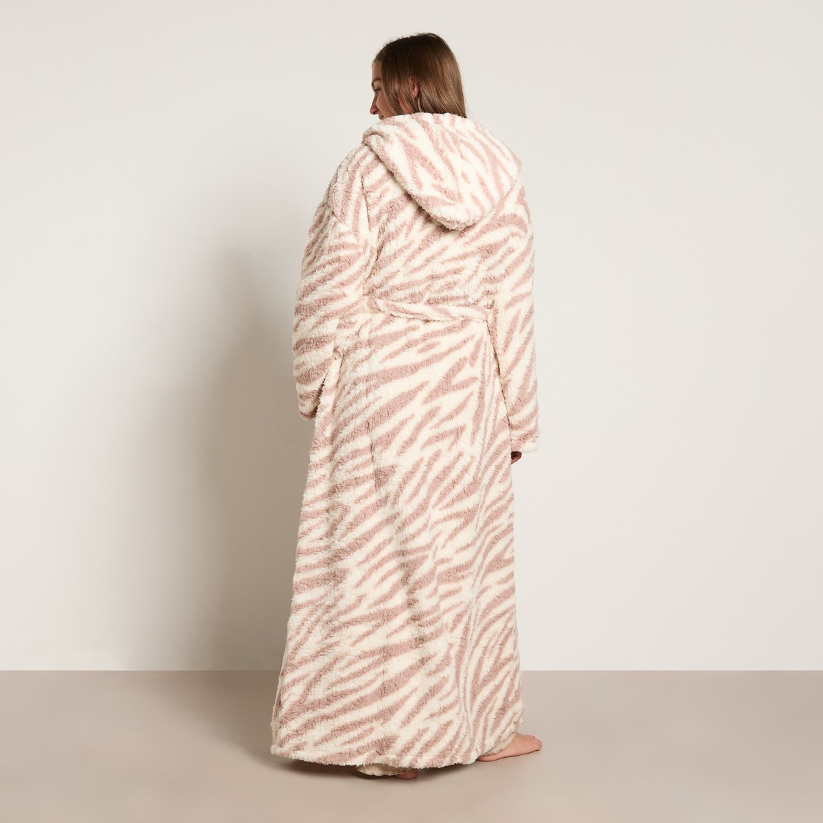 OHS Zebra Teddy Fleece Floor Length Dressing Gown - Beige>
