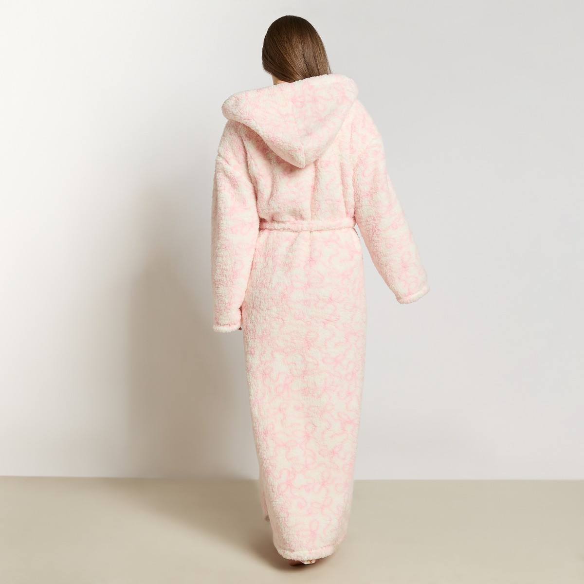 OHS Ribbon Bow Teddy Fleece Floor Length Dressing Gown - Pink/White>