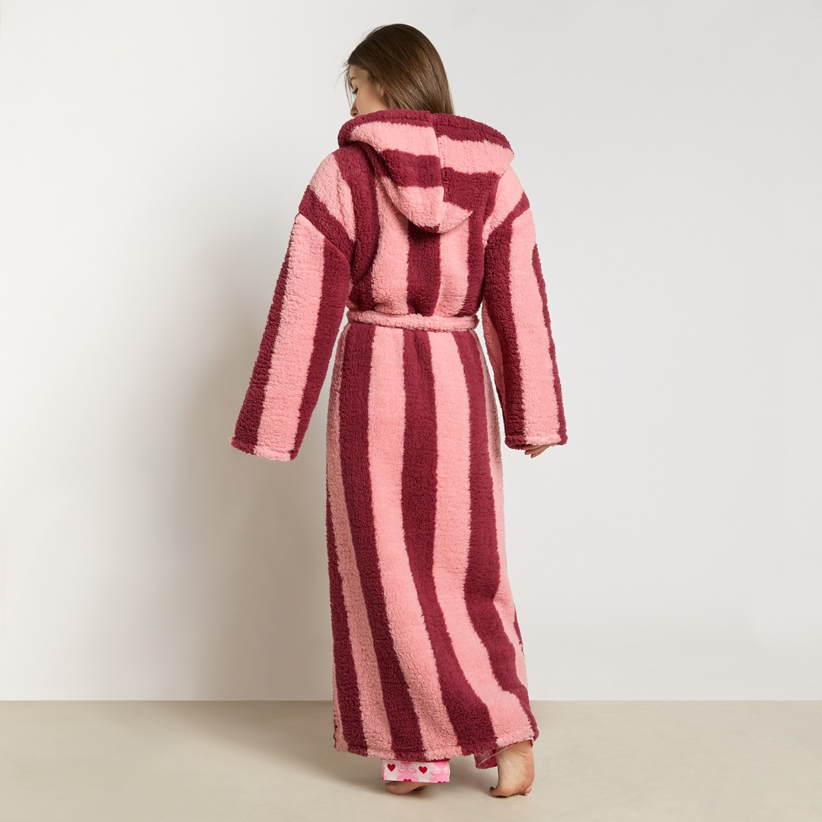 OHS Stripe Teddy Fleece Floor Length Dressing Gown - Pink/Burgundy>