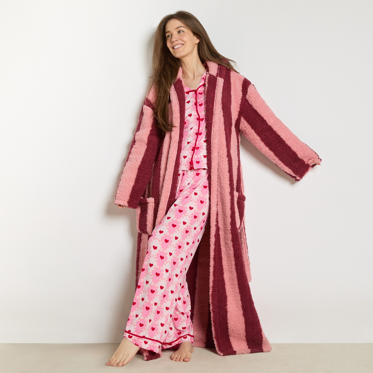 OHS Stripe Teddy Fleece Floor Length Dressing Gown - Pink/Burgundy>