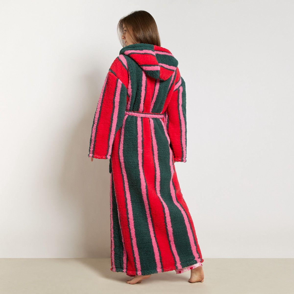OHS Stripe Teddy Fleece Floor Length Dressing Gown - Green/Red>