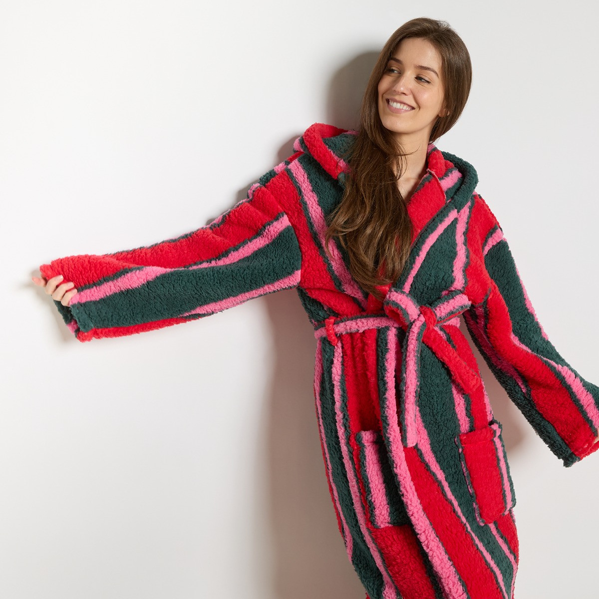 OHS Stripe Teddy Fleece Floor Length Dressing Gown - Green/Red>