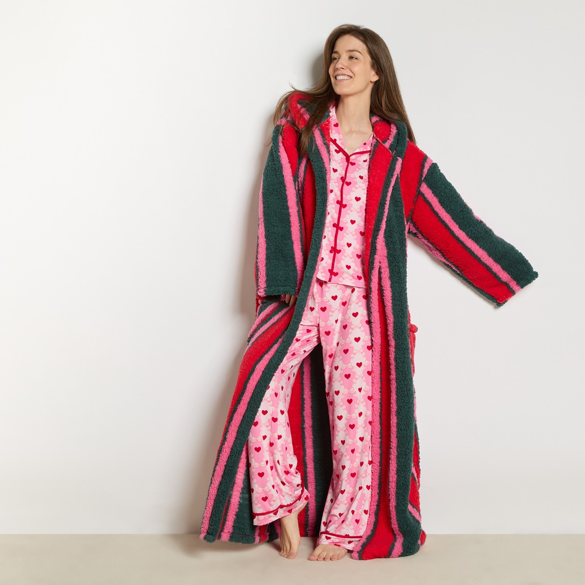 OHS Stripe Teddy Fleece Floor Length Dressing Gown - Green/Red>