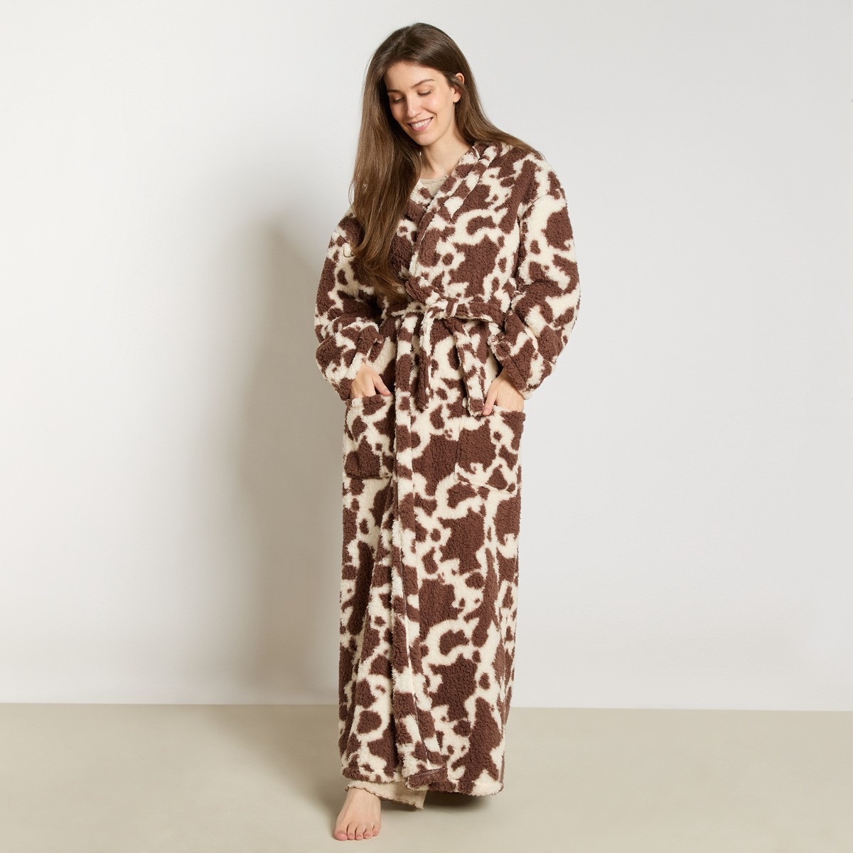 OHS Cow Teddy Fleece Floor Length Dressing Gown - Brown/White