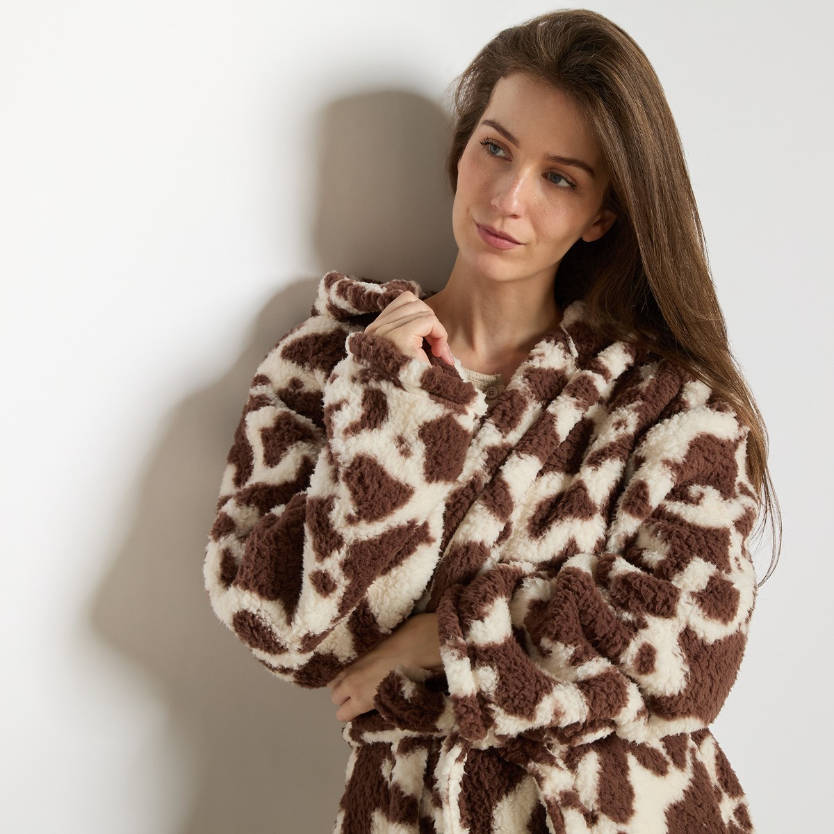 OHS Cow Teddy Fleece Floor Length Dressing Gown - Brown/White