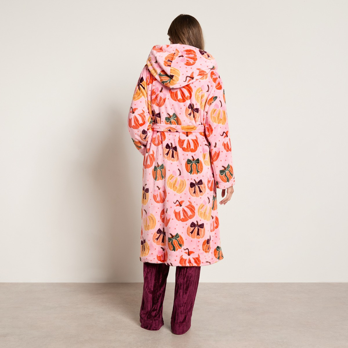 OHS Pumpkin Bow Print Fleece Dressing Gown - Pink>