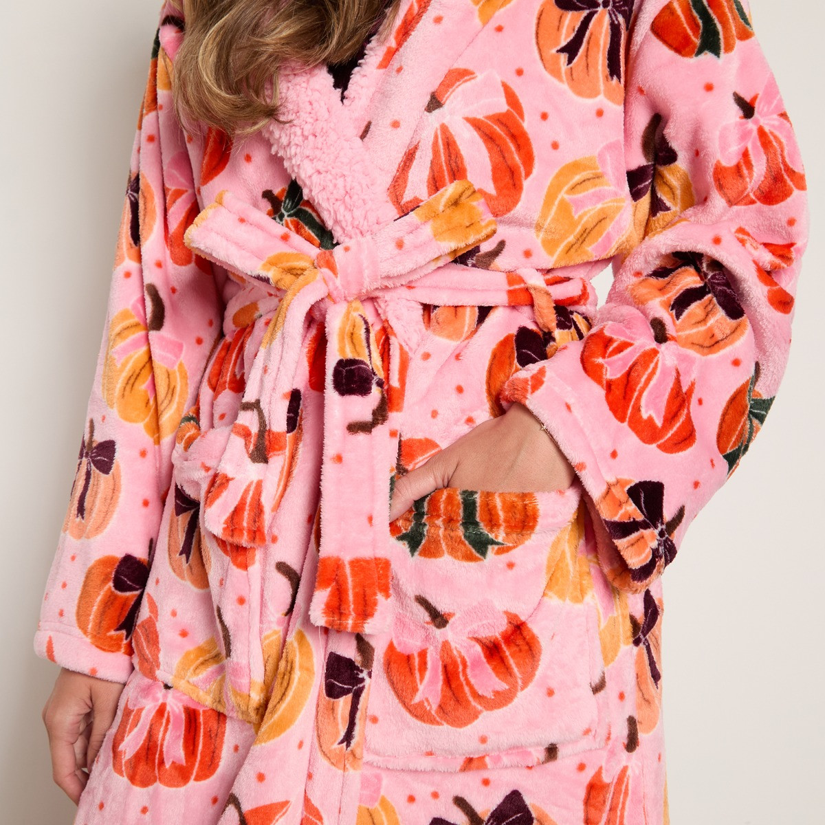 OHS Pumpkin Bow Print Fleece Dressing Gown - Pink>