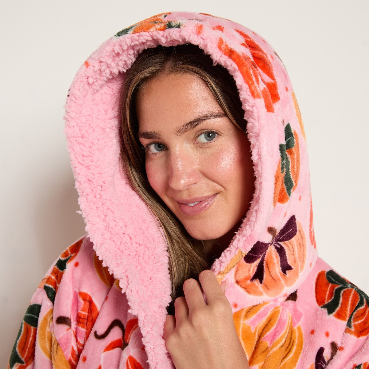 OHS Pumpkin Bow Print Fleece Dressing Gown - Pink>