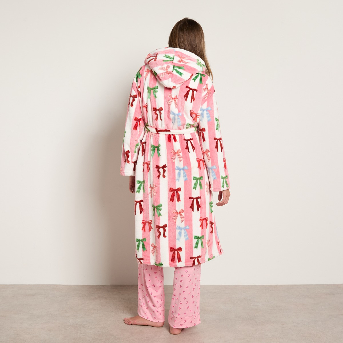 OHS Bow Stripe Print Dressing Gown - Pink>
