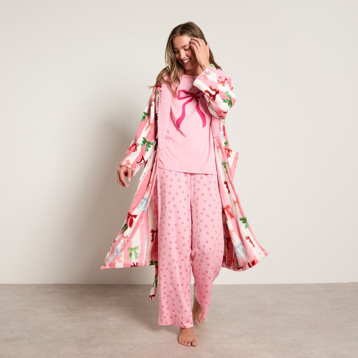 OHS Bow Stripe Print Dressing Gown - Pink>