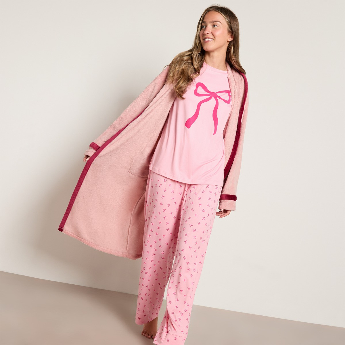 OHS Flannel Fleece Piped Edge Dressing Gown, Adults - Pink/Red>