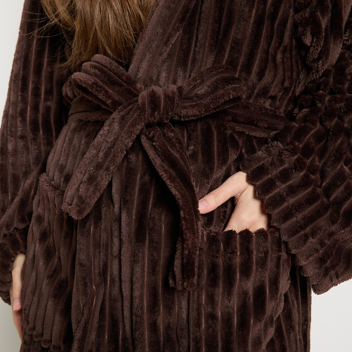 OHS Ribbed Fleece Dressing Gown - Chocolate>
