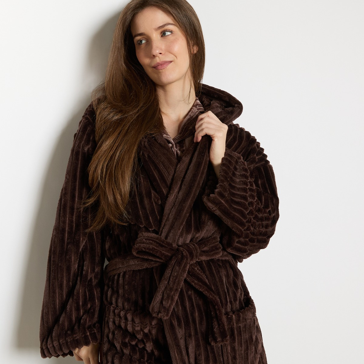 OHS Ribbed Fleece Dressing Gown - Chocolate>