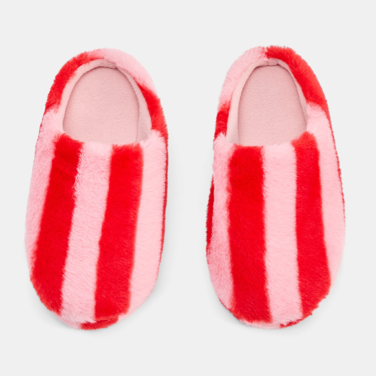 OHS Candy Stripe Faux Fur Slippers - Pink/Red>