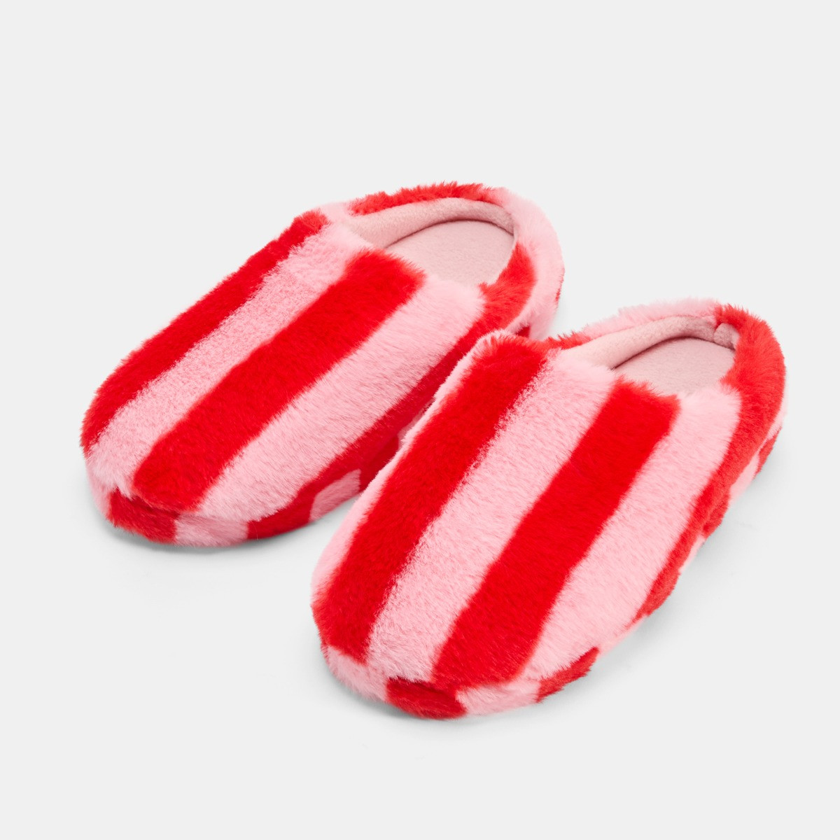 OHS Candy Stripe Faux Fur Slippers - Pink/Red>