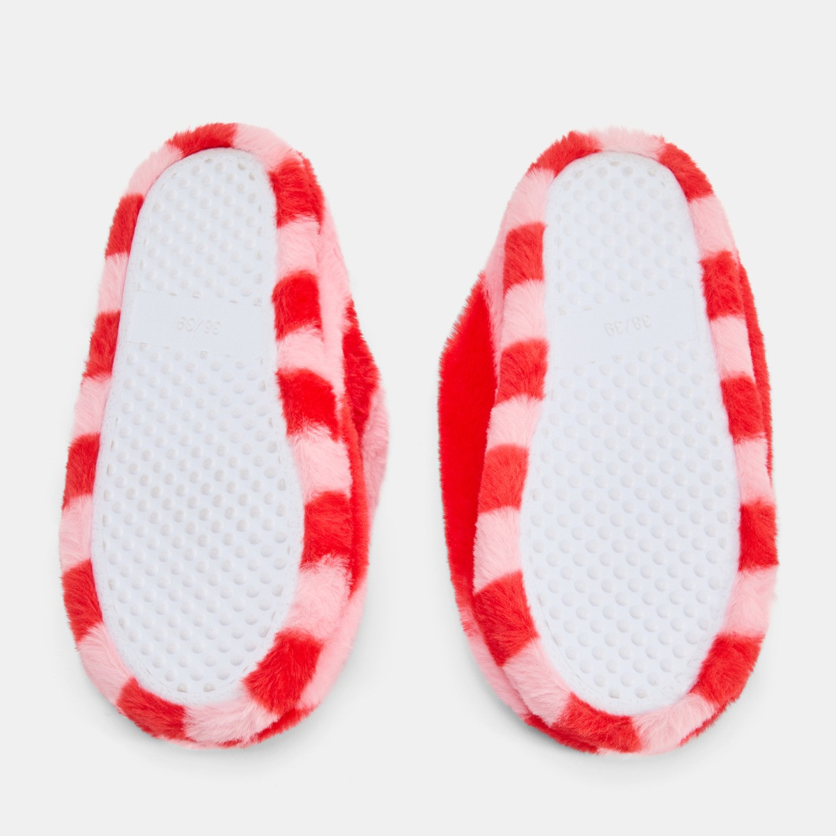 OHS Candy Stripe Faux Fur Slippers - Pink/Red>