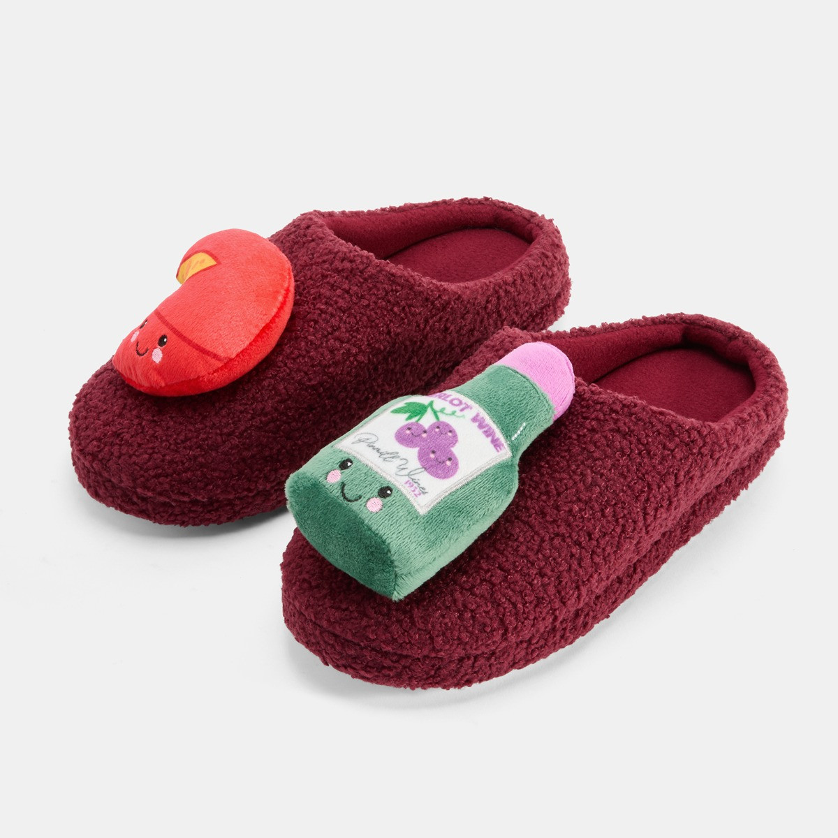 OHS Cheese & Wine Boucle Slippers - Burgundy>