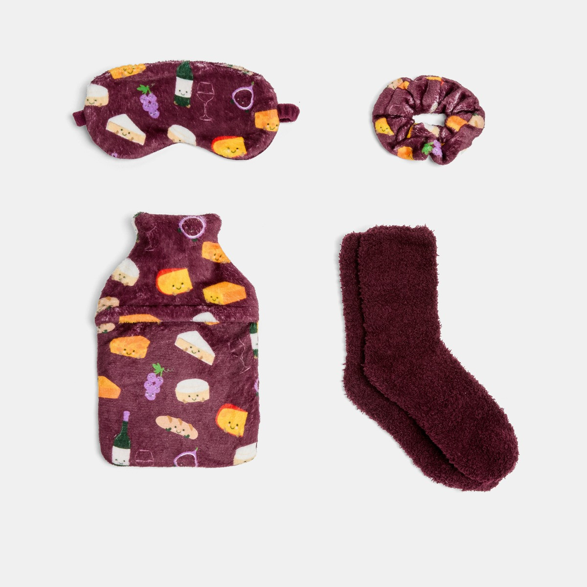 OHS Cheese & Wine Print Hot Water Bottle Gift Set - Burgundy>