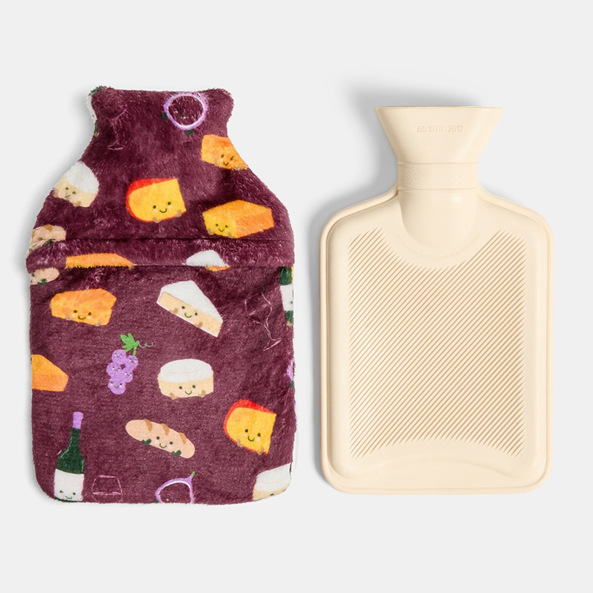 OHS Cheese & Wine Print Hot Water Bottle Gift Set - Burgundy>