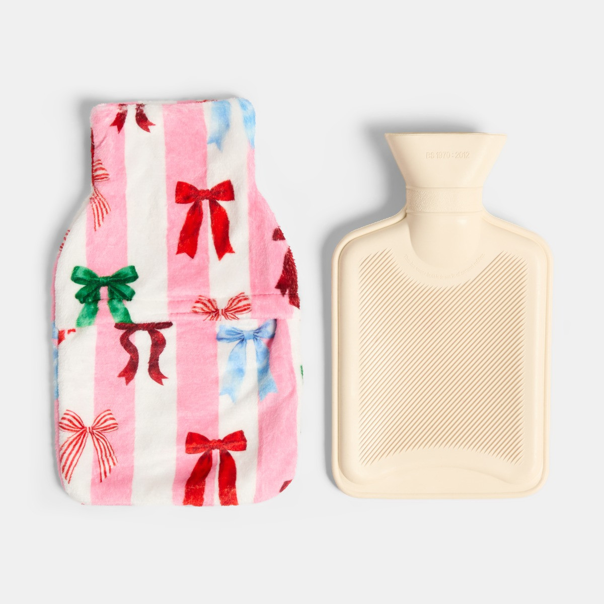 OHS Multi Bow Stripe Hot Water Bottle Gift Set - Pink/White>