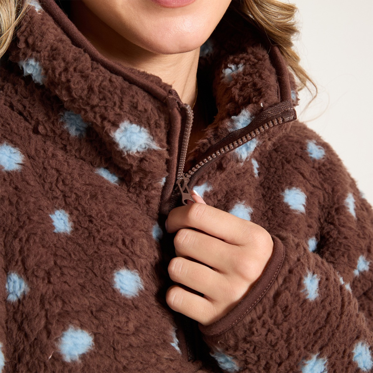 OHS Teddy Polka Dot Print Half Zip Fleece - Brown/Blue>