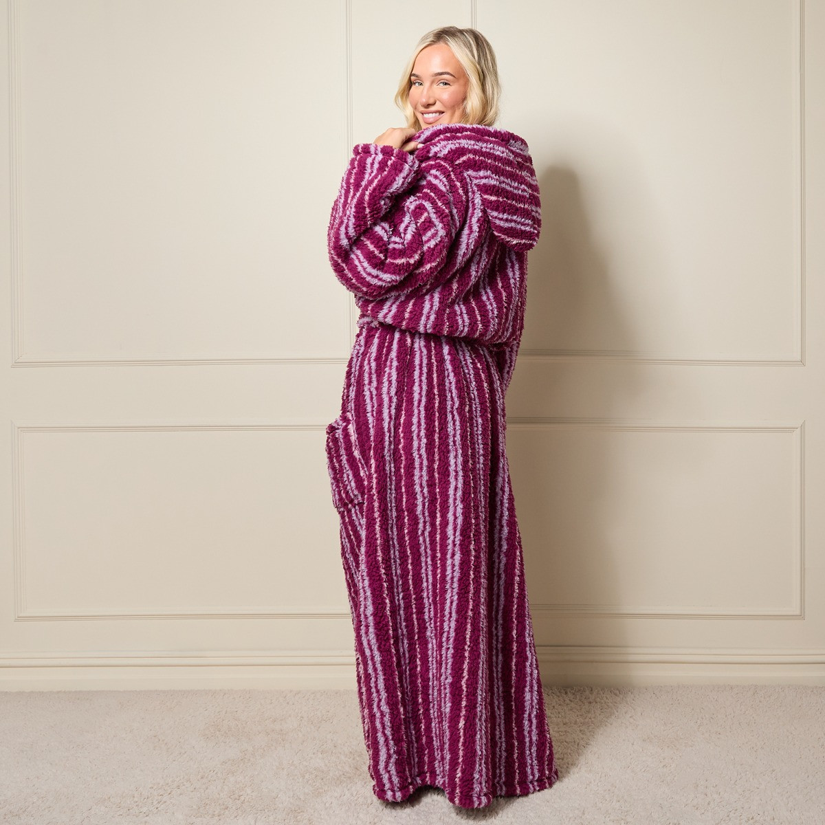 OHS Stripe Teddy Fleece Floor Length Dressing Gown - Purple>