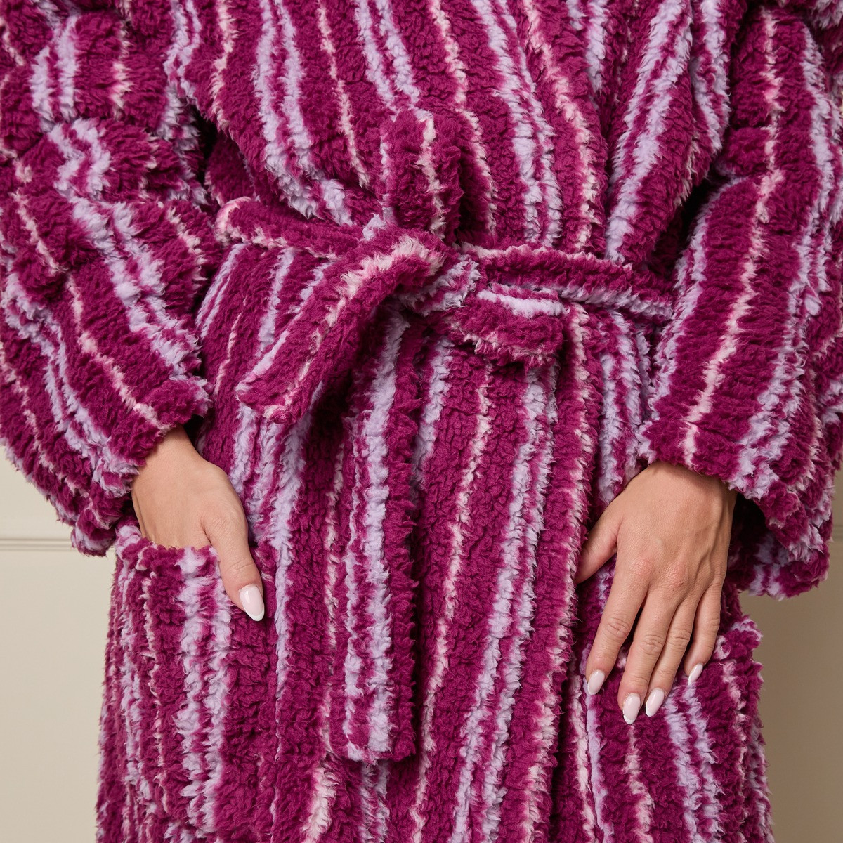 OHS Stripe Teddy Fleece Floor Length Dressing Gown - Purple>