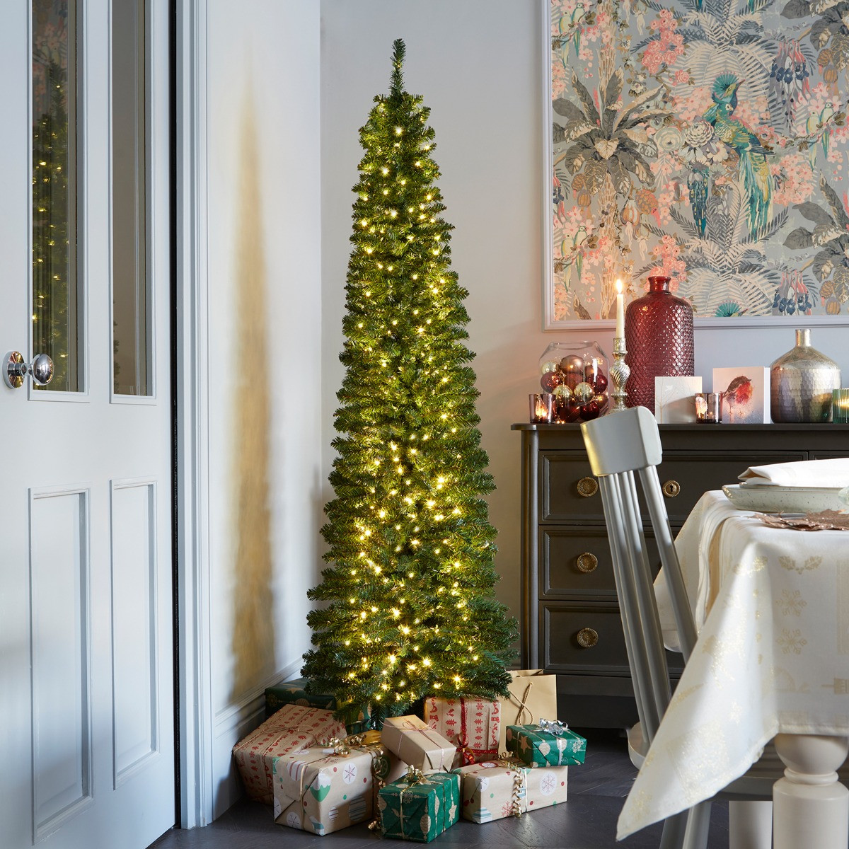 OHS Artificial Pencil Pre-Lit Christmas Tree with Warm White/Multi LEDs, Green - 6ft>