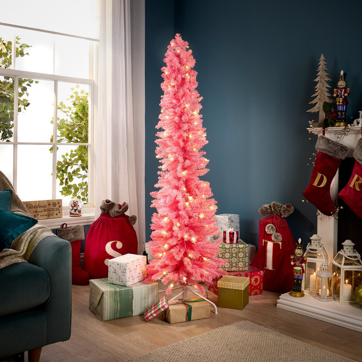 OHS Artificial Pencil Pre-Lit Christmas Tree with Warm White LEDs, Hot Pink - 6ft>