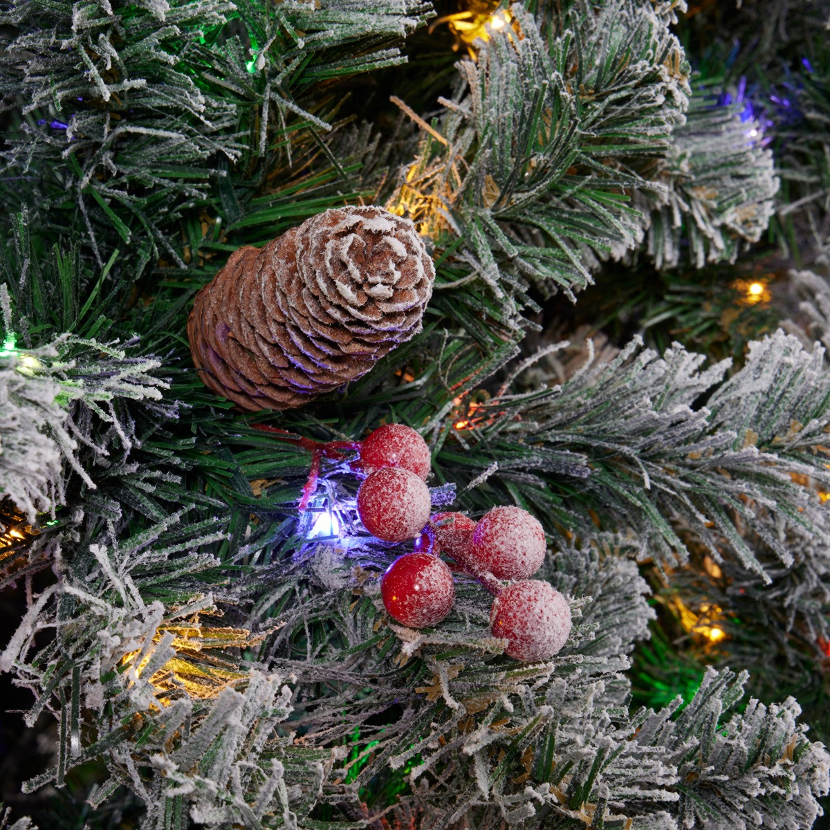 OHS Artificial Snowy Pre-Lit Christmas Tree with Warm White/Multi LEDs, Green - 7ft>