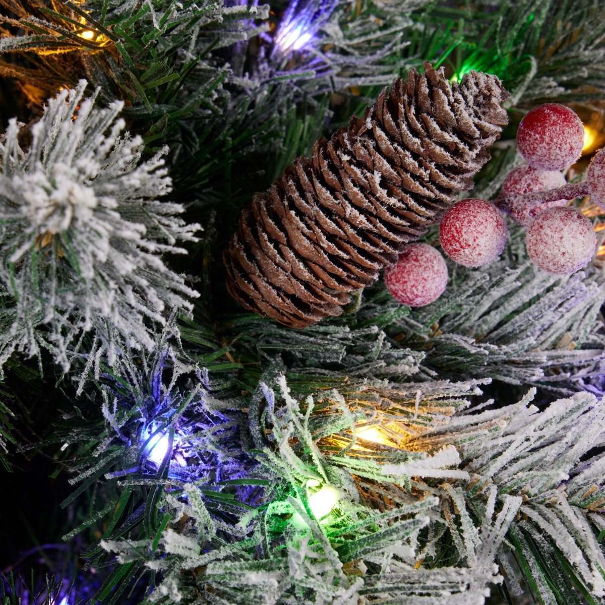 OHS Artificial Snowy Pre-Lit Christmas Tree with Warm White/Multi LEDs, Green - 7ft>