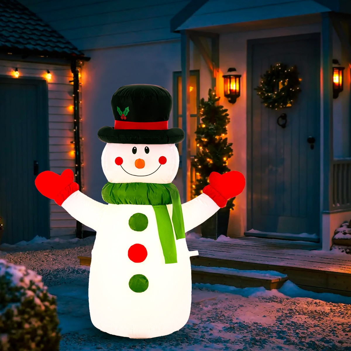 OHS Indoor/Outdoor Self-Inflating Snowman Light-Up Porch Decoration - White>