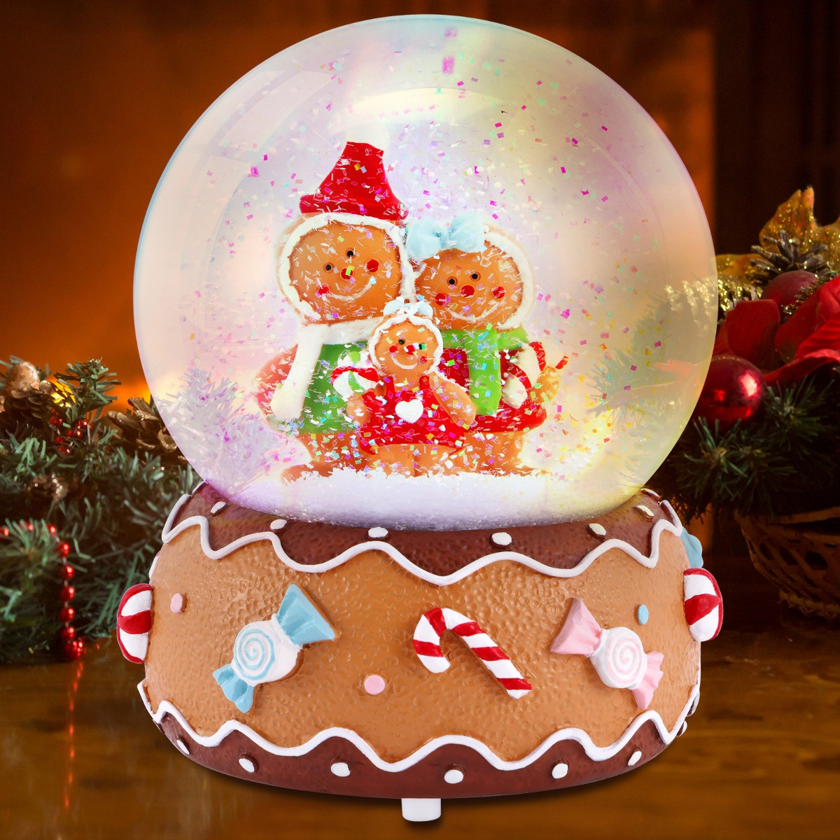 OHS Gingerbread Family Light Up Musical Snow Globe - Multi>