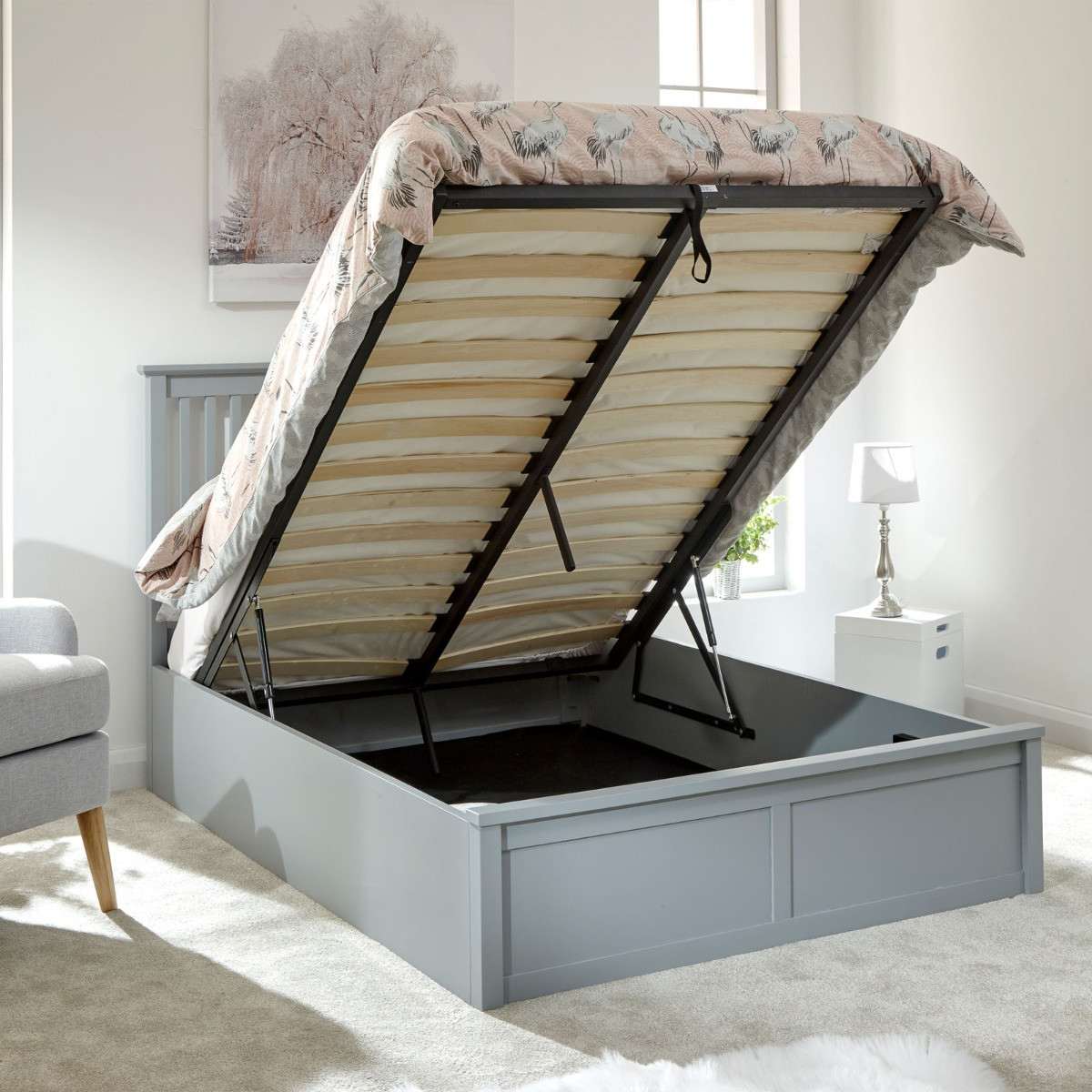 Como Wooden Ottoman Storage Bed - Grey>