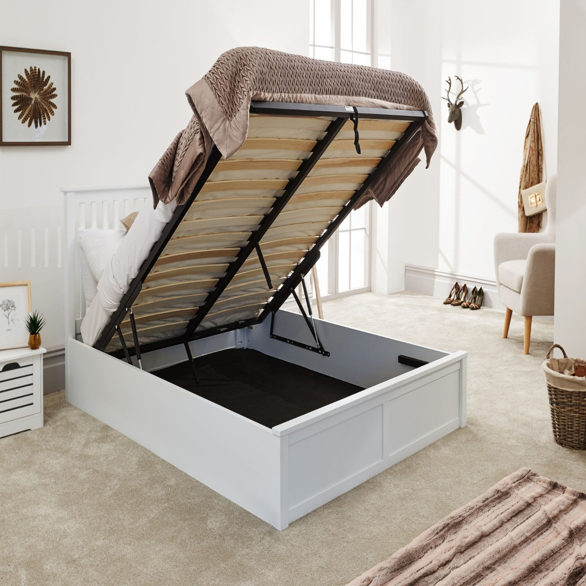 Como Wooden Ottoman Storage Bed, 5ft King - White>
