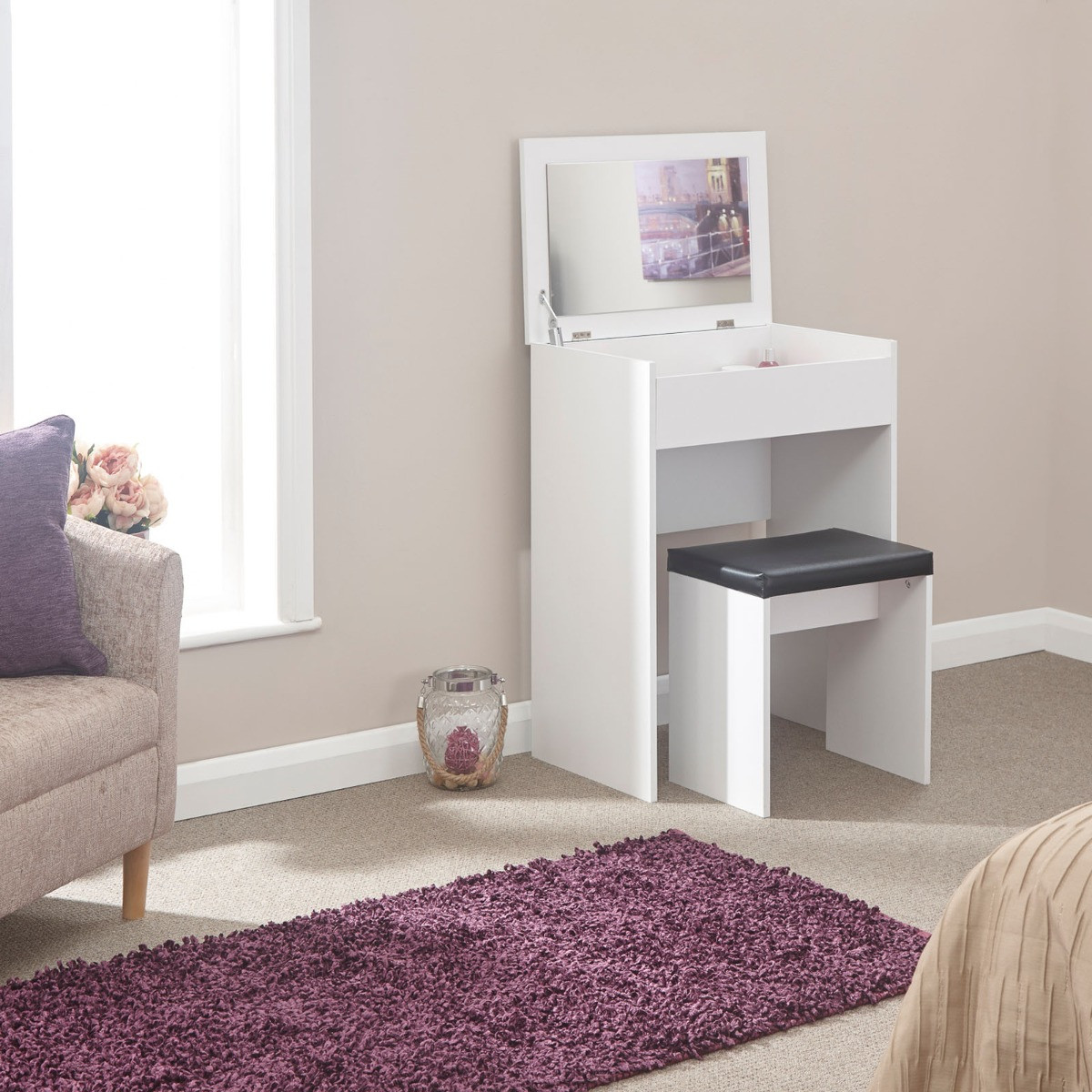 Compact Dressing Table with Stool - White>