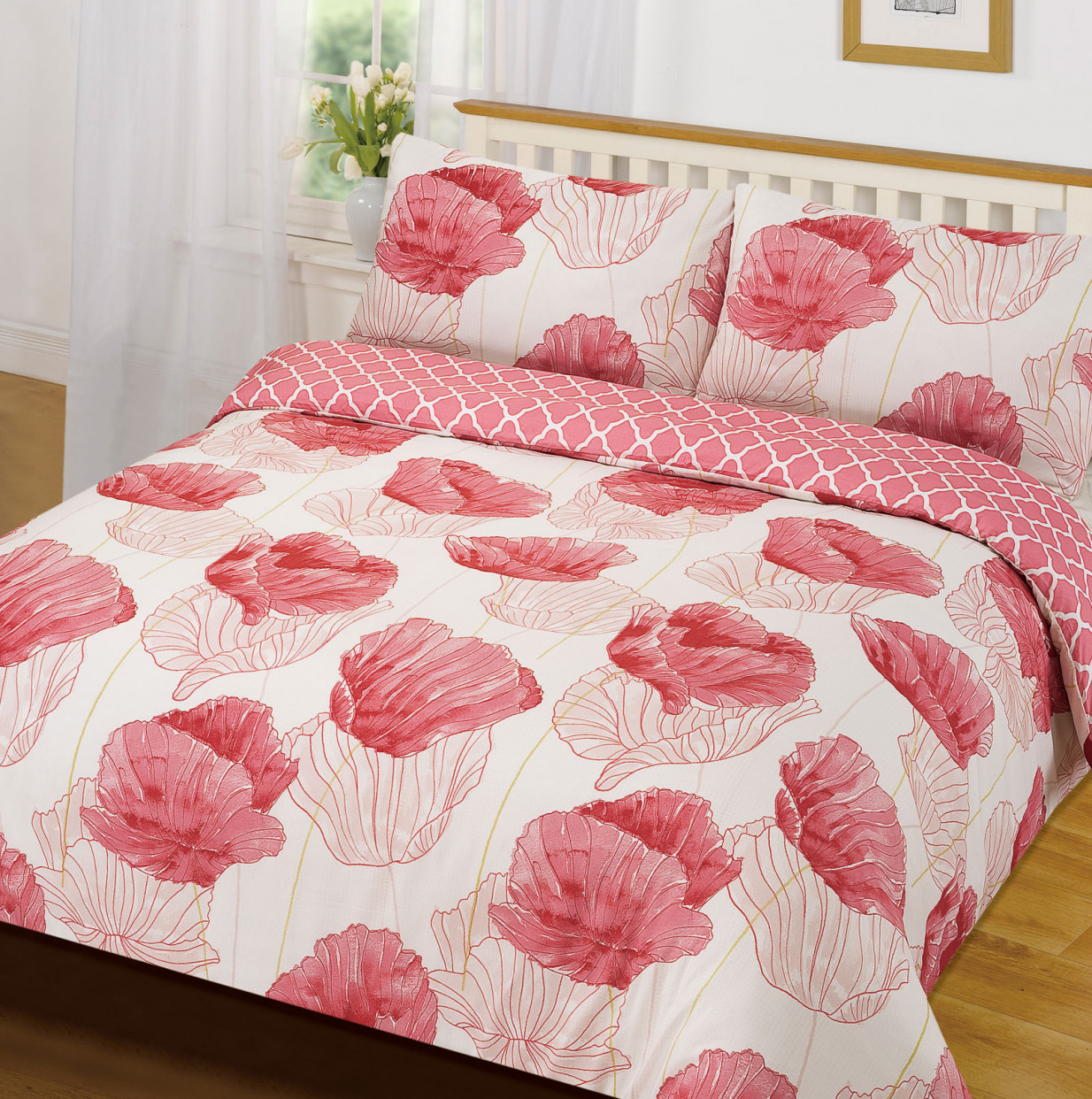 Corinne Floral Duvet Covet Set - White, Pink - Single>